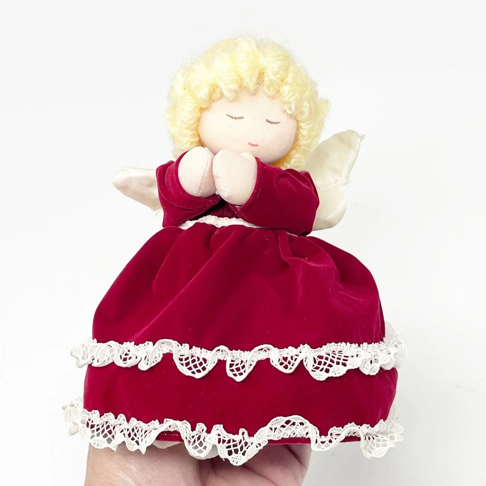 Vintage Christmas Angel Doll 6.5in Burgundy Velvet Lace Dress Praying NOS